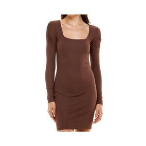 ULTRA FLIRT Womens Brown Stretch Ribbed Ruched Long Sleeve Dress